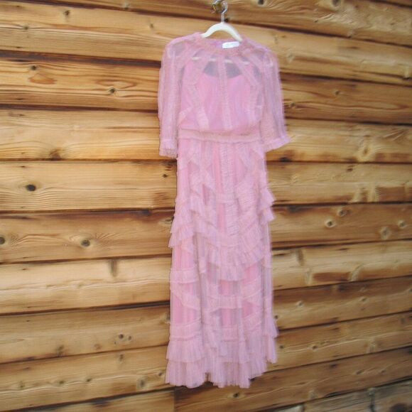 MAC DUGGAL 8058 Pink High Neck Micro Ruffle Tiered Midi Dress - Picture 10 of 16